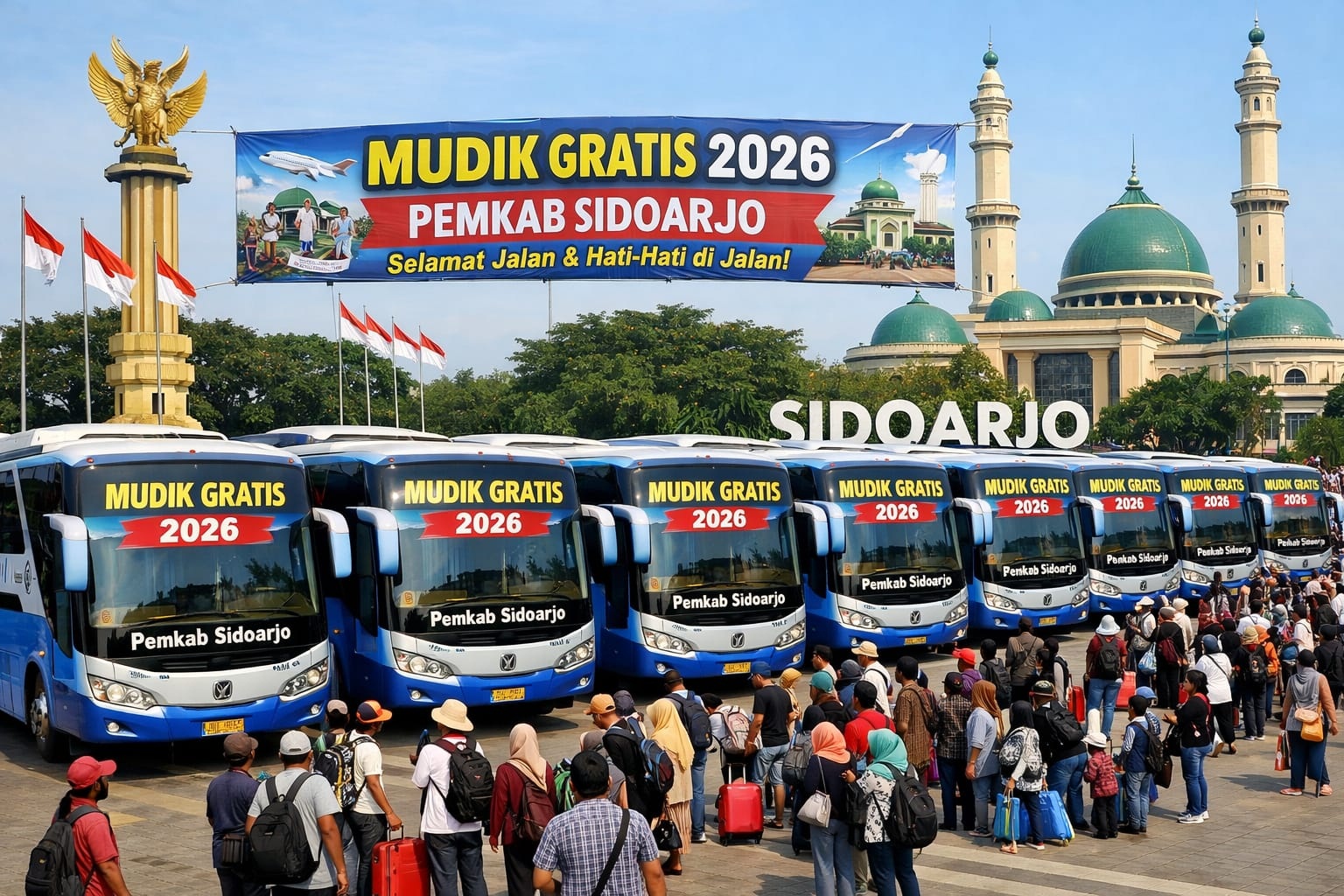Ilustrasi mudik gratis oleh Pemkab Sidoarjo. (AI/DIKY SANSIRI/RADAR SIDOARJO)