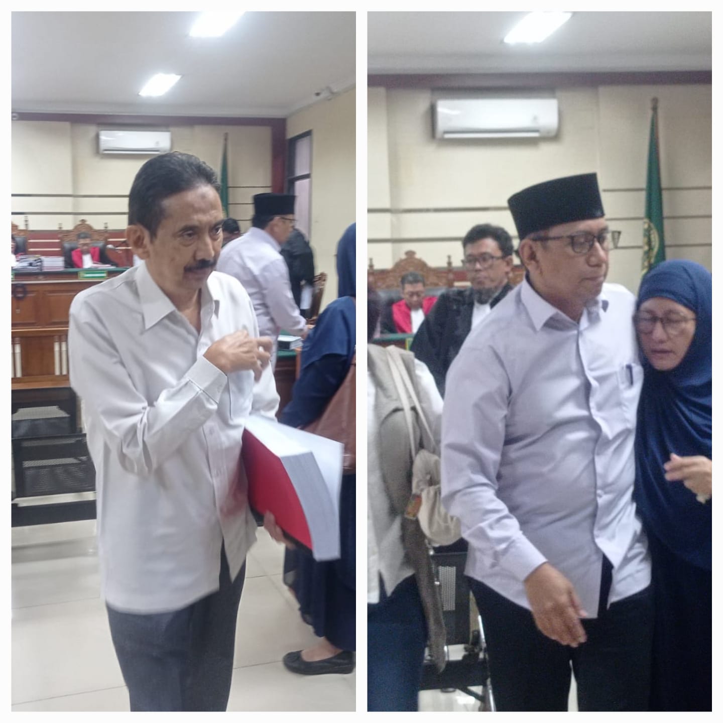 LALAI: Mantan Kadis Perkim CKTR Agoes Boedi Tjahjono (2015&ndash;2017) (kiri) serta Heri Soesanto (Plt 2022) usai menjalani sidang di PN Tipikor Juanda.  .