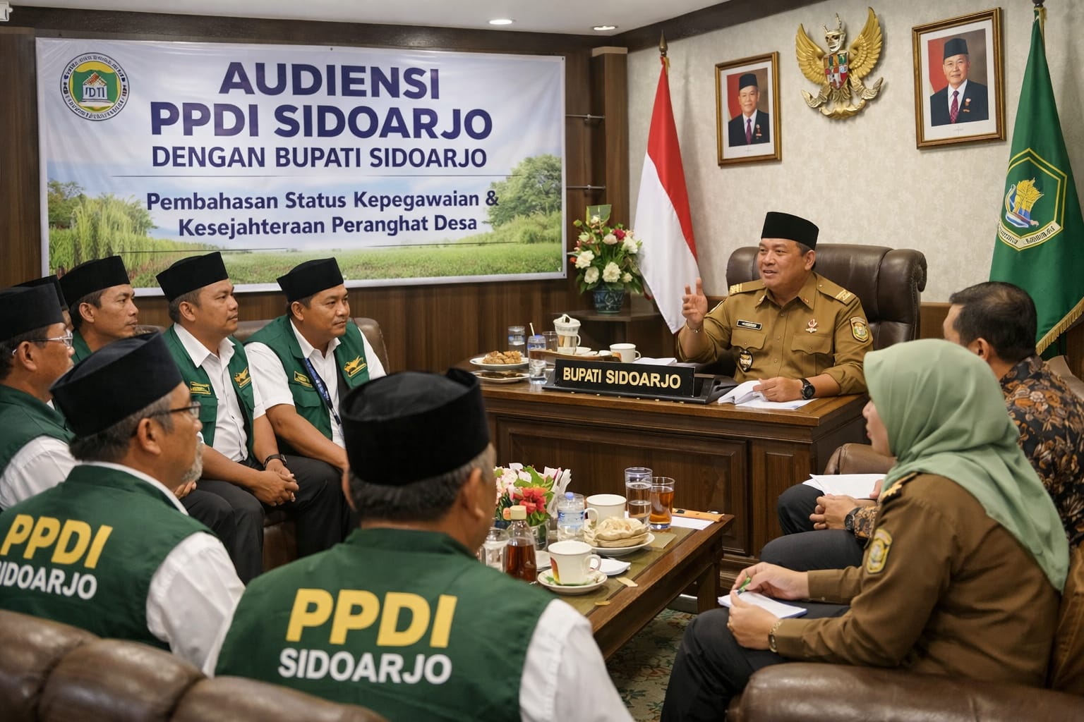 Ilustrasi PPDI Sidoarjo perjuangkan kejelasan status dan kesejahteraan perangkat desa. (AI/DIKY SANSIRI/RADAR SIDOARJO)