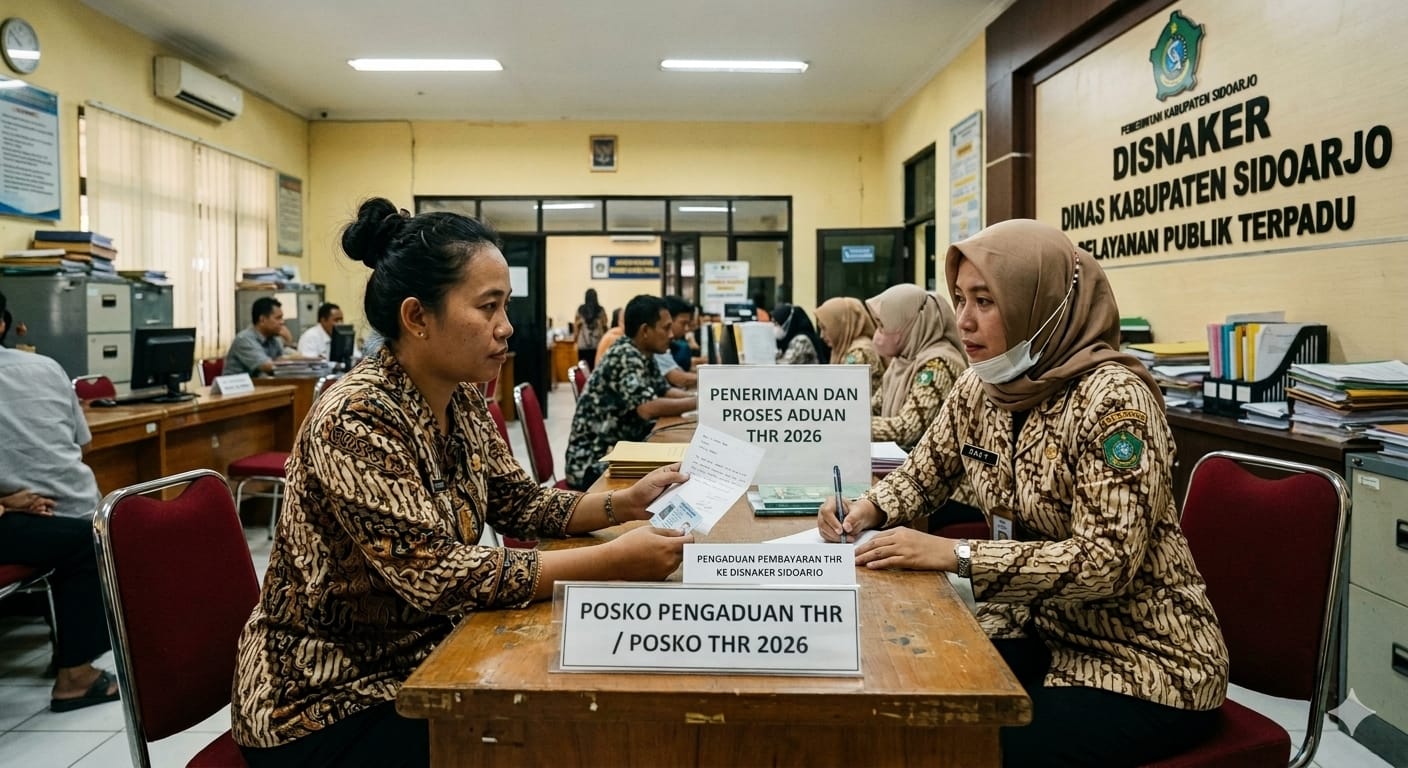 Ilustrasi pengaduan masalah THR ke Disnaker Sidoarjo. (AI/RADAR SIDOARJO) 