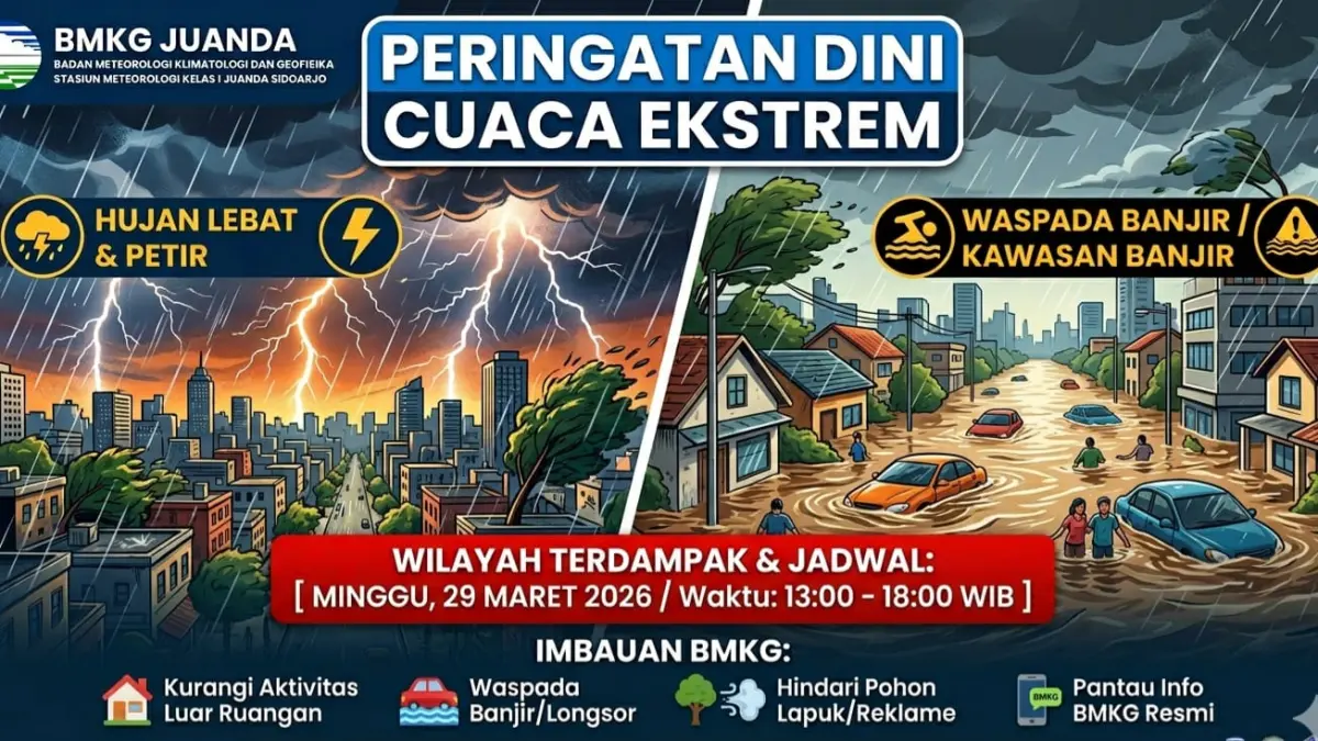 Ilustrasi peringatan dini cuaca di Jatim oleh BMKG Juanda. (AI/RADAR SIDOARJO)