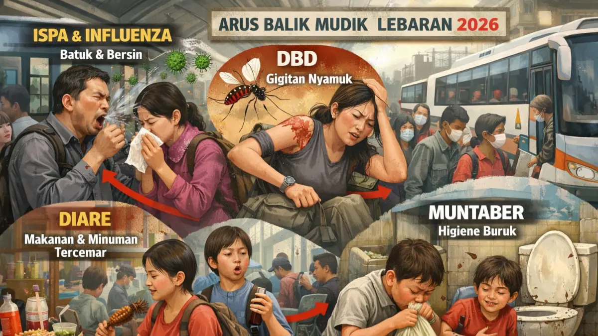 WASPADA: Ilustrasi pencegahan penyakit menular di arus balik Lebaran 2026 di Sidoarjo. (AI/DIKY SANSIRI/RADAR SIDOARJO)