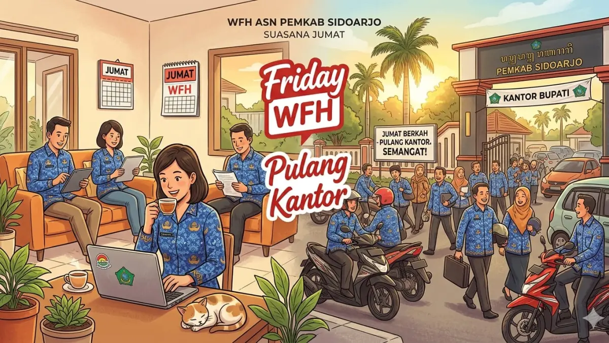 Ilustrasi Work From Home ASN Pemkab Sidoarjo setiap Jumat. (AI/RADAR SIDOARJO)