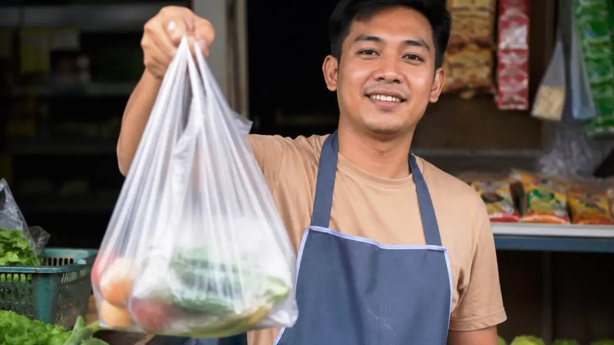 Ilustrasi penggunaan plastik oleh pedagang di pasar. (AI/DIKY SANSIRI/RADAR SIDOARJO)