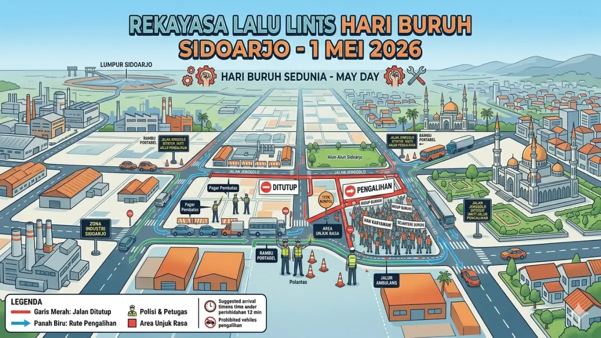 Ilustrasi rekayasa lalu lintas pada May Day 2026. (AI/RADAR SIDOARJO)