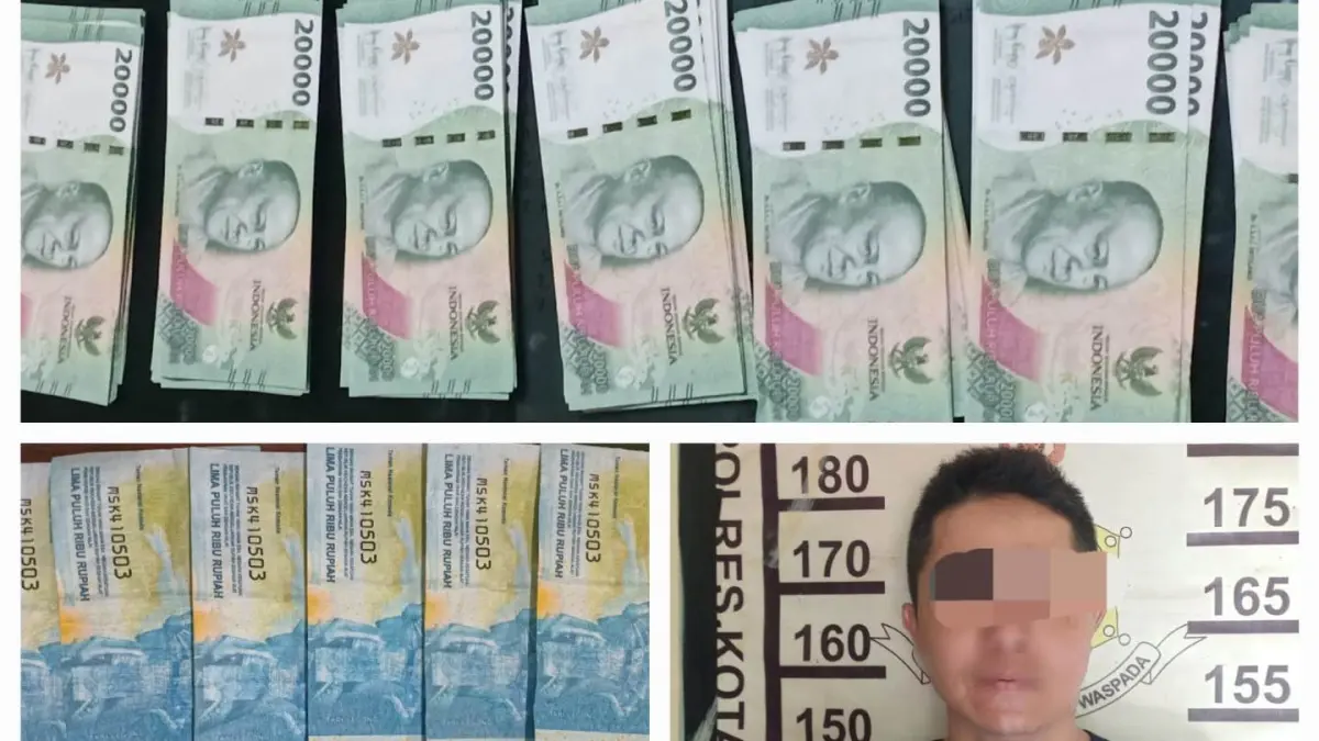NEKAT: Tersangka dan barang bukti uang palsu.