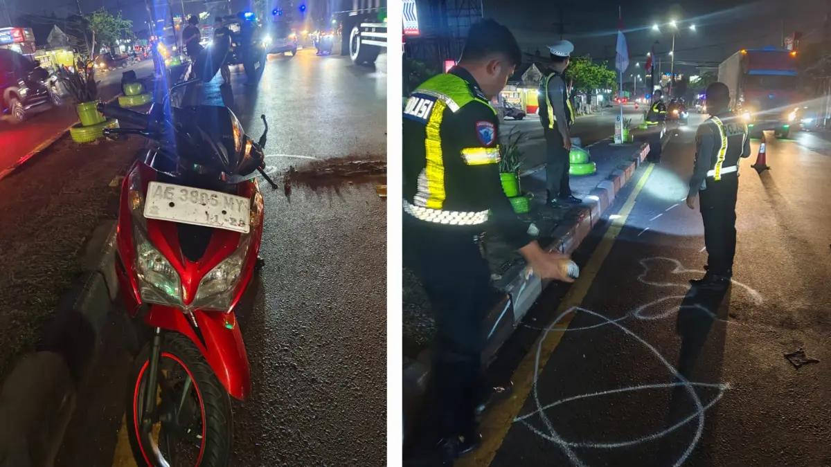 PENYELIDIKAN: Personel kepolisian melakukan olah tempat kejadian kecelakaan tabrak lari di Jalan Raya Taman, Sidoarjo. (IST/RADAR SIDOARJO)