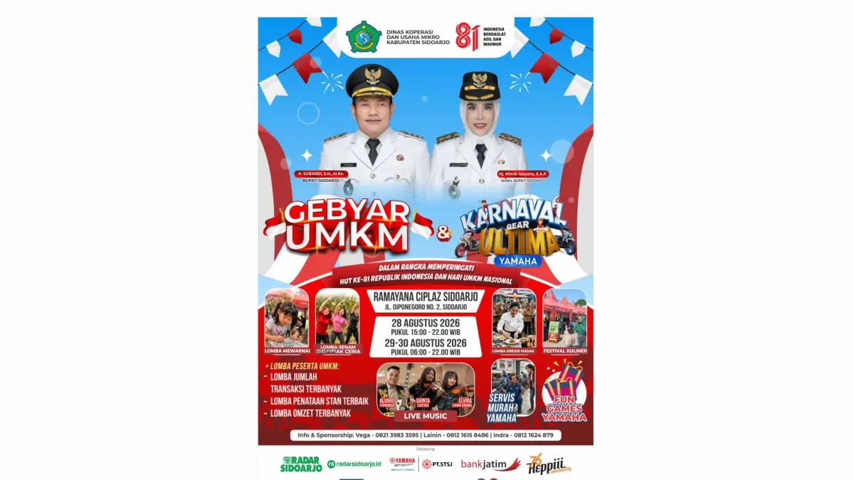 MERIAH: Gebyar UMKM dan Karnaval Gear Ultima akan digelar pada 28–30 Agustus 2026 di halaman parkir Rayamana Ciplaz Sidoarjo.