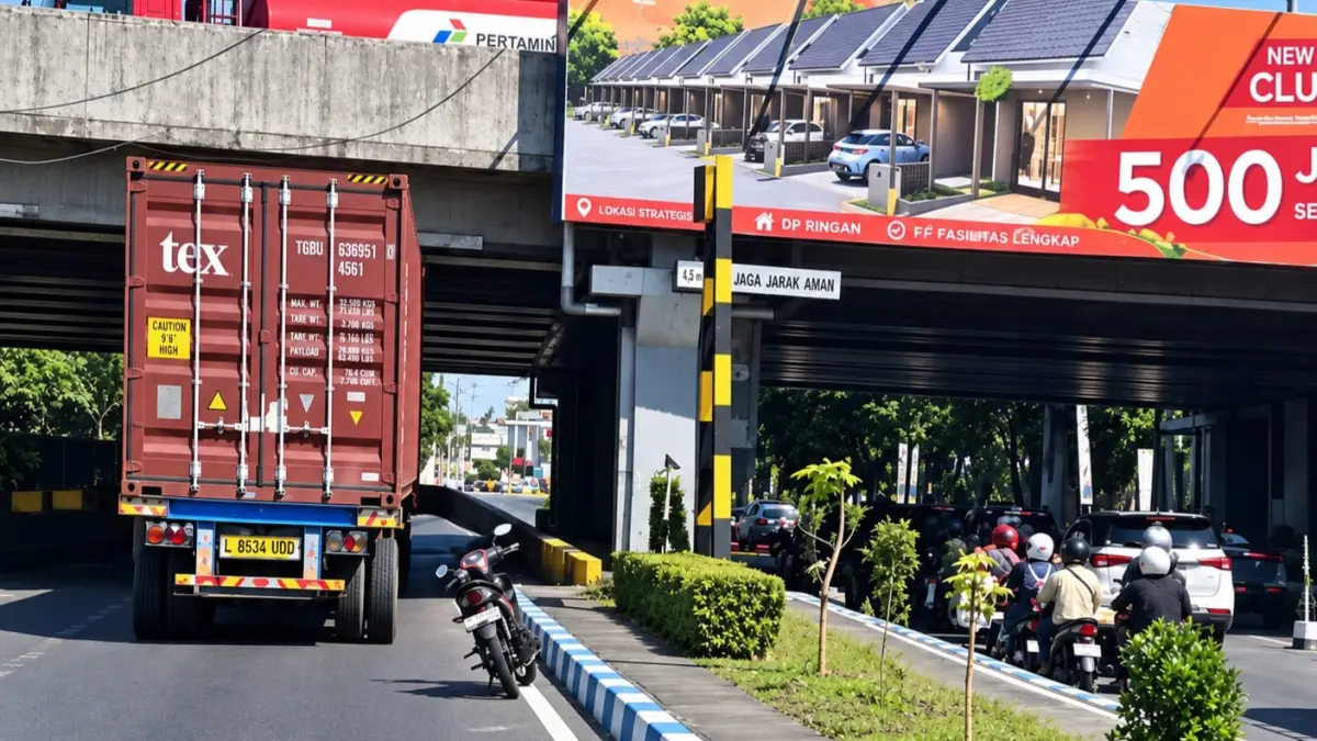 TAK BERGERAK: Truk kontainer yang tersangkut di underpass Tol Sidoarjo. Ini menyebabkan kepadatan di jalur jalan tersebut.(IST/RADAR SIDOARJO)