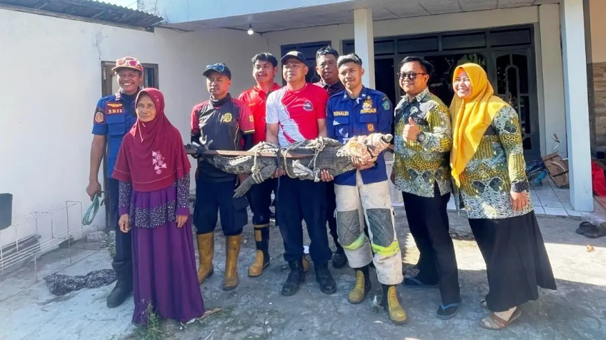 BUAS: Tim rescue Unit Sukodono usai mengevakuasi buaya yang masuk rumah di Desa Sambungrejo, Sukodono.