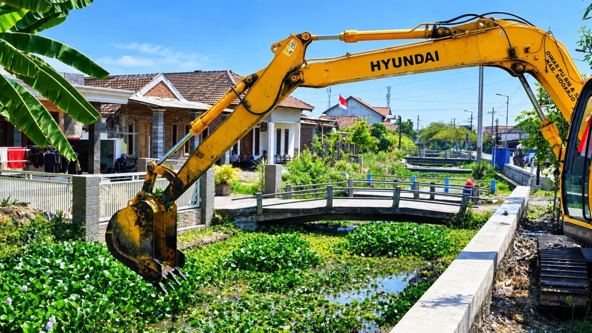 SEBELUM HUJAN: Alat berat dikerahkan untuk normalisasi sungai di Tanggulangin dan Candi, Sidoarjo.