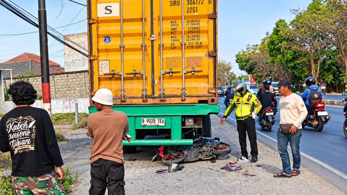 CELAKA: Motor ringsek usai menabrak truk trailer yang sedang parkir.