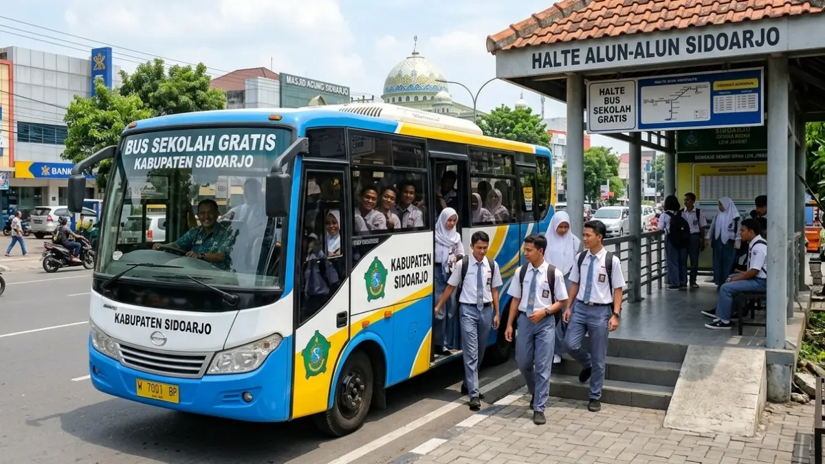 Ilustrasi bus sekolah di Sidoarjo. (AI/RADAR SIDOARJO)