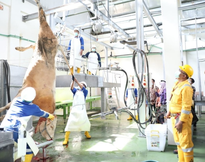 ON PROGRES: Proses pemotongan sapi di Rumah Potong Hewan (RPH) Kecamatan Krian sangat modern.  (RIZKY PUTRI PRATIMI / RADAR SIDOARJO)
