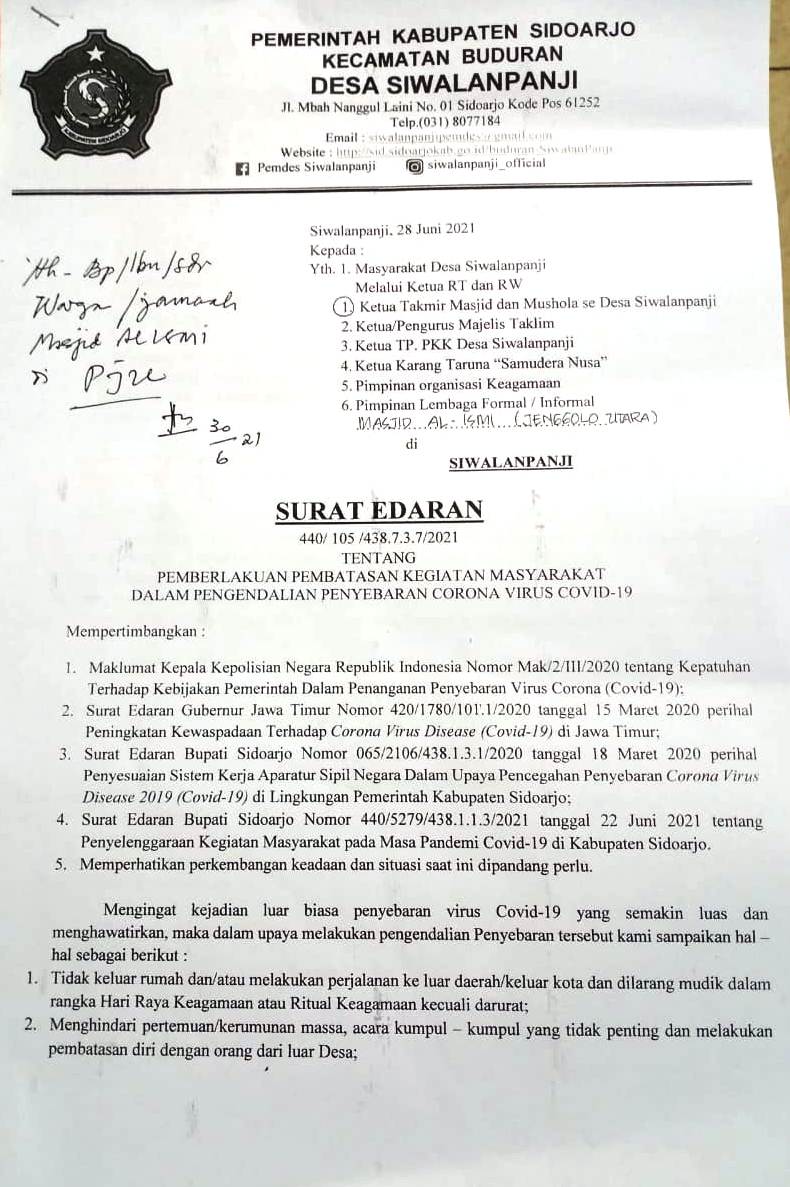 TEGAS: Surat edaran perihal PPKM di Desa Siwalanpanji, Buduran.