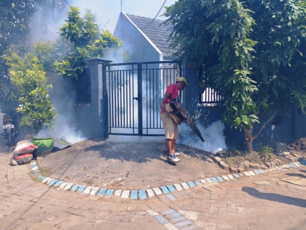 DIBASMI: Fogging dilakukan Dinkes di wilayah yang terbukti ada penyebaran kasus DBD. (ANNISA FIRDAUSI/RADAR SIDOARJO)