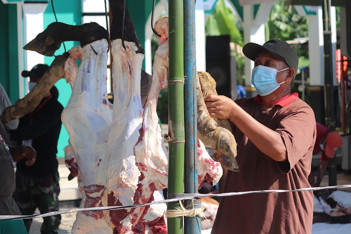 Ilustrasi warga sedang menguliti daging sapi setelah disembelih saat perayaan idul adha