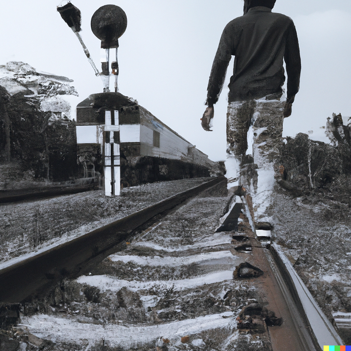 Ilustrasi pria yang sedang berjalan di rel kereta api