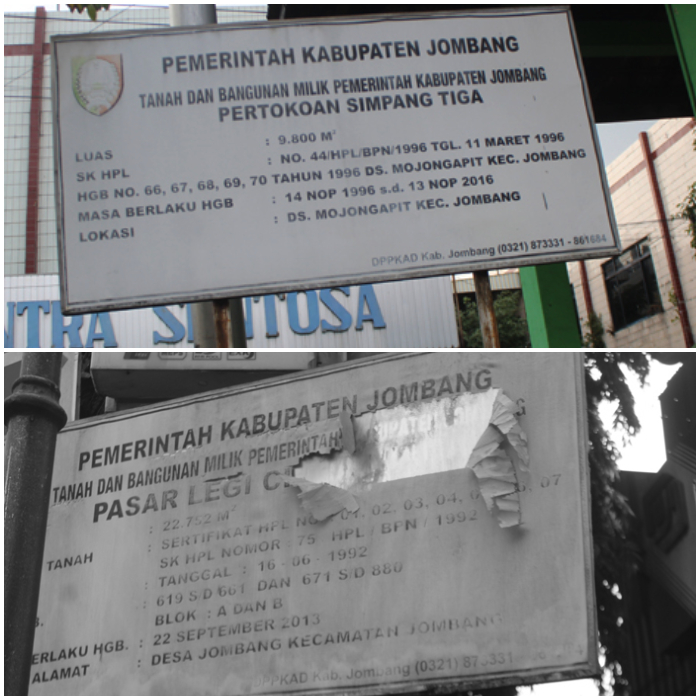 Dua papan yang masih terpasang di PCN dan Ruko Simpang Tiga Jombang ini menunjukkan habisnya kedua HGB aset Pemkab Jombang ini