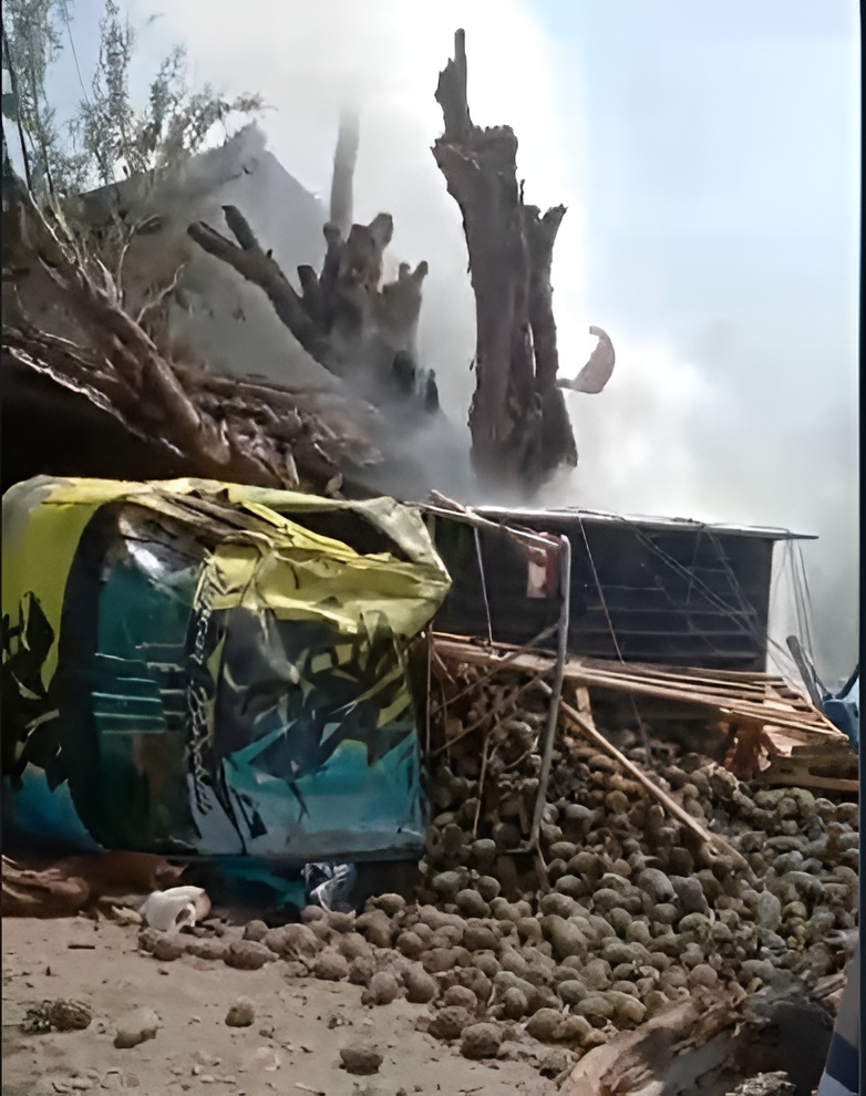 Pikap muatan nanas yang menabrak pohon di pinggir jalan Provinsi Ploso-Babat masih mengepulkan asap beberapa saat usai kejadian.