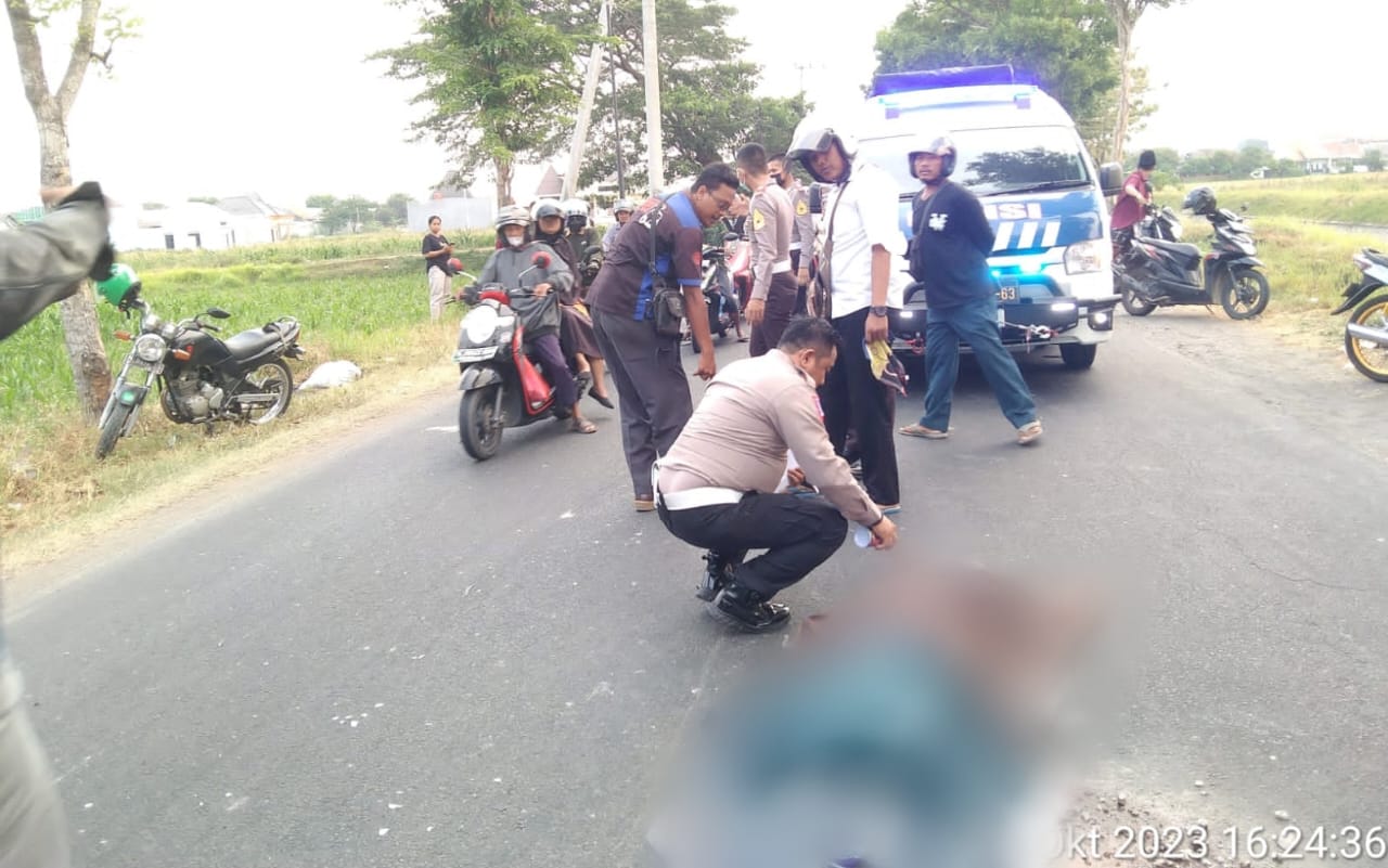 Petugas kepolisian saat melakukan olah kejadian di lokasi kecelakaan maut sepeda motor dan pikap di Jl Cenderawasih, Jombang