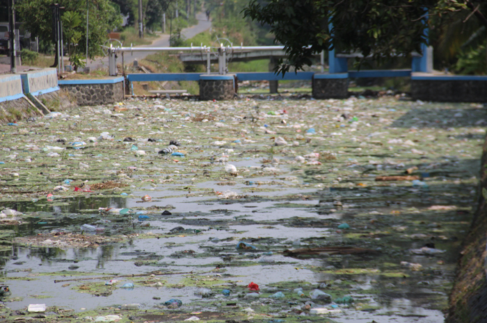 Kondisi saluran Rejoagung di Desa Mancar, Kecamatan Peterongan, Jombang ini penuh sampah dan alirannya berisi limbah, hingga baunya makin busuk.