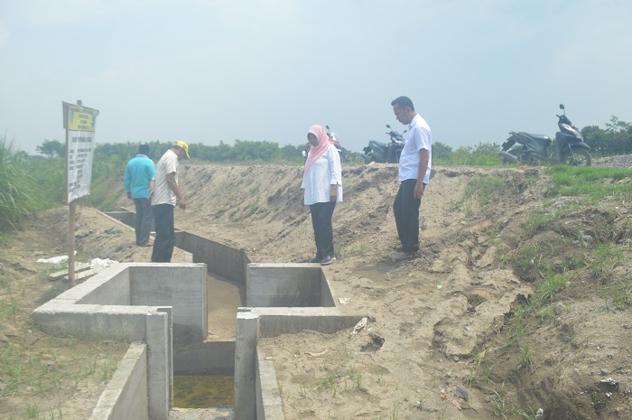 Kepala desa Pundong, Diwek, Jombang bersama perangkat desanya mengecek proyek saluran irigasi yang dibangun untuk memperlancar pertanian.