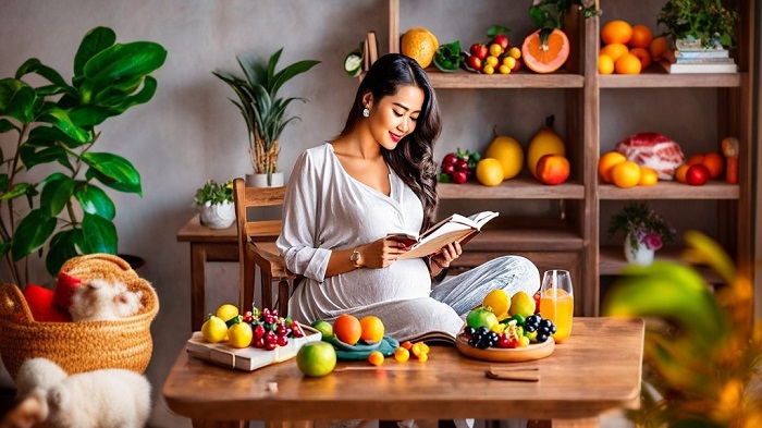 Ilustrasi seorang ibu hamil sedang membaca buku sembari menyiapkan buah di depannya. Mengkonsumsi buah, khususnya yang mengandung asal folat tinggi baik untuk ibu hamil dan janinnya