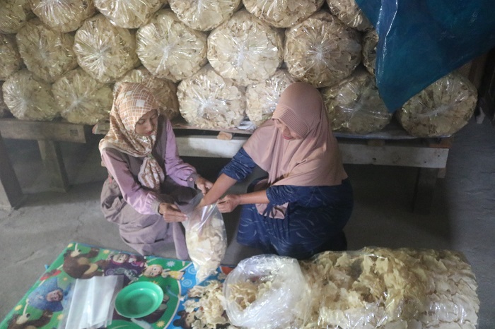 Warga Desa Made, Kecamatan Kudu Jombang tengah mengemasi hasil produksi keripik gadung.