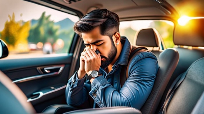 Ilustrasi seorang pria tengah mengalami mabuk perjalanan. Ini tips penting untuk mengatasinya.