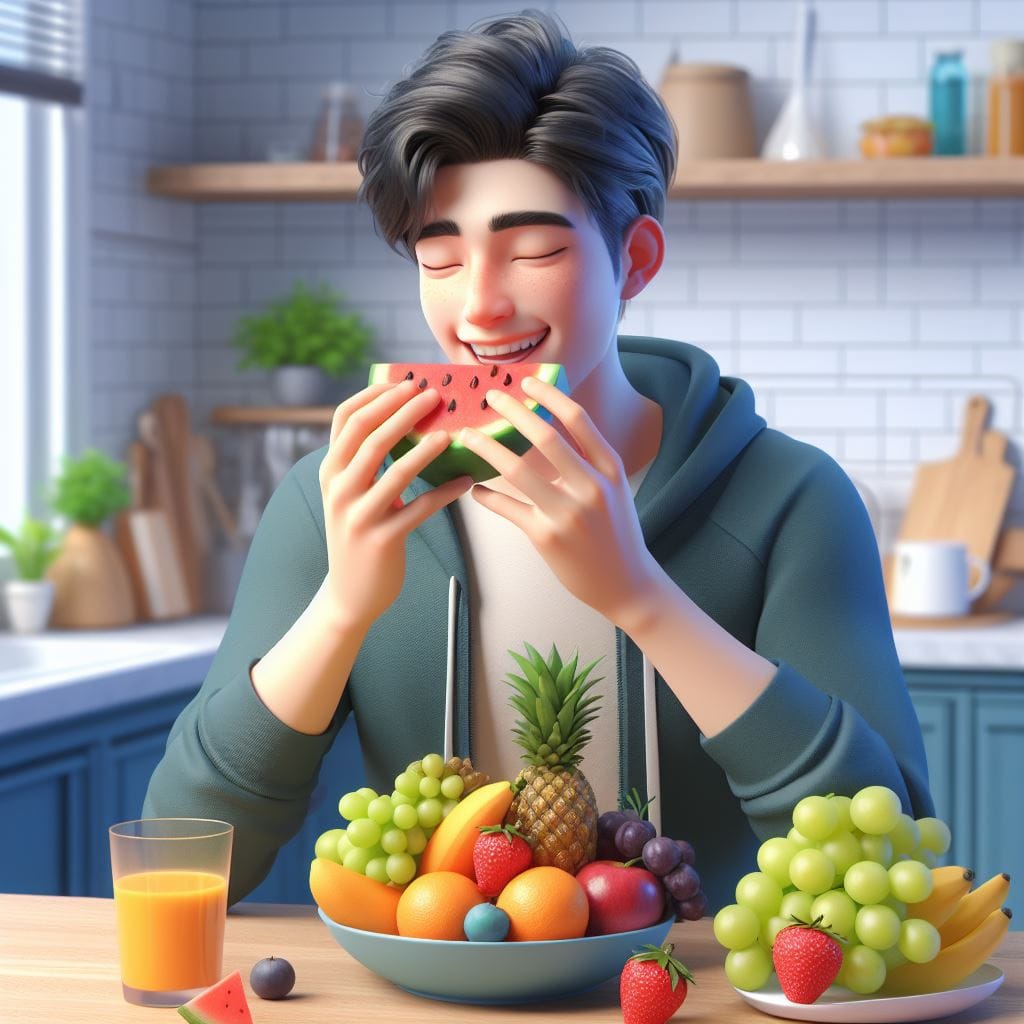 Ilustrasi&nbsp;pria sedang&nbsp;memakan buah