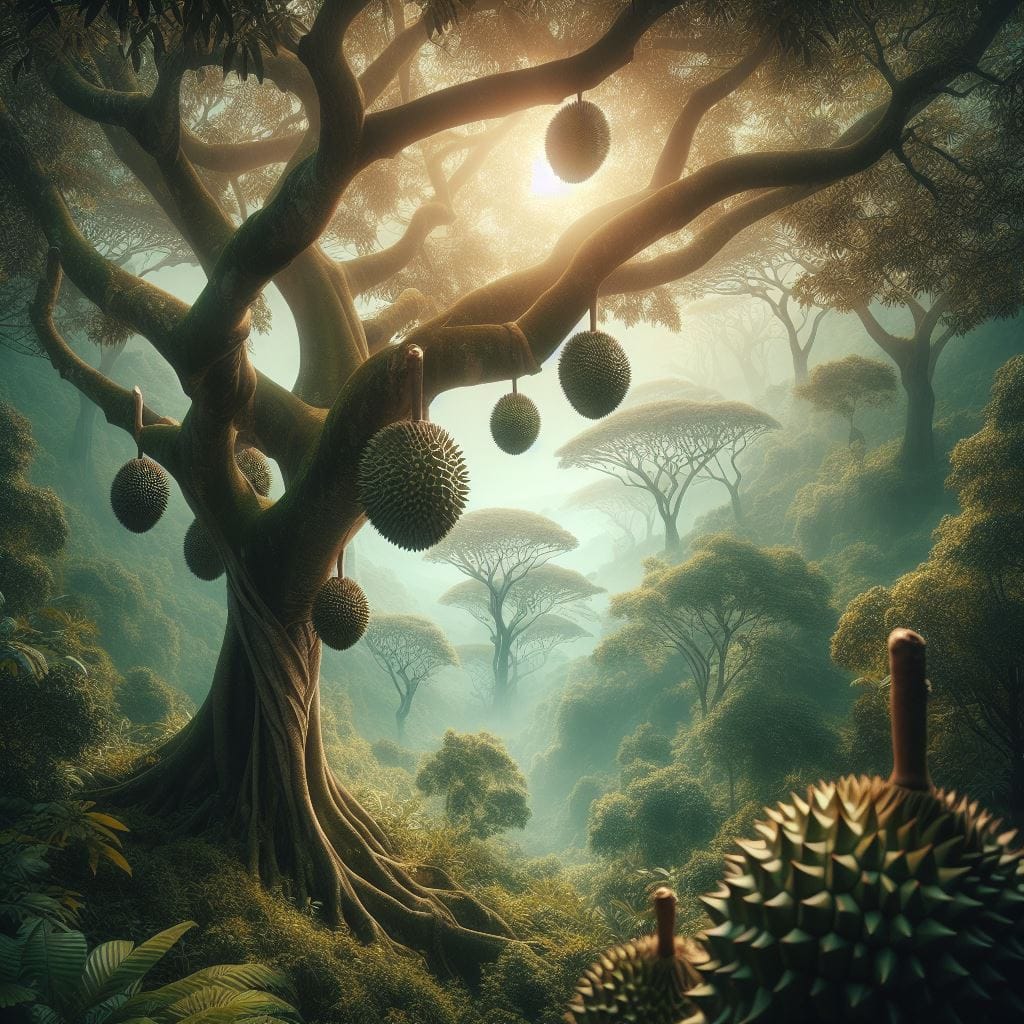 Ilustrasi pohon durian dengan daun yang lebat
