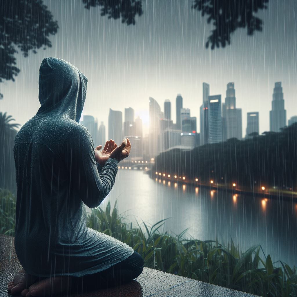 Ilustrasi gambar seorang pria memanjatkan doa saat hujan turun