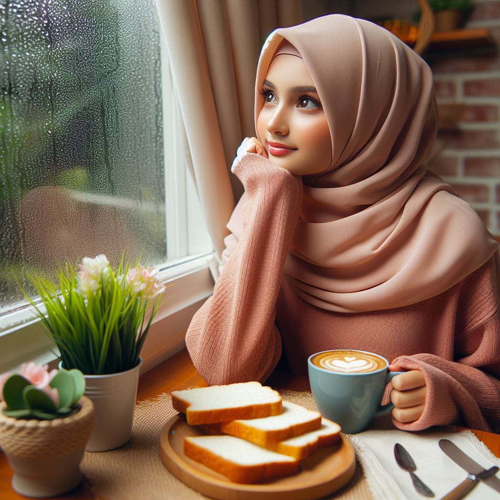Ilustrasi seorang gadis perempuan yang sedang menikmati roti sambil melihat hujan turun