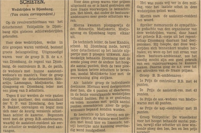 Potongan koran De Indische Courant edisi Sabtu, 6 Oktober 1934  tentang kegiatan lomba menembak di markas VP Djombang atau Mapolres Jombang