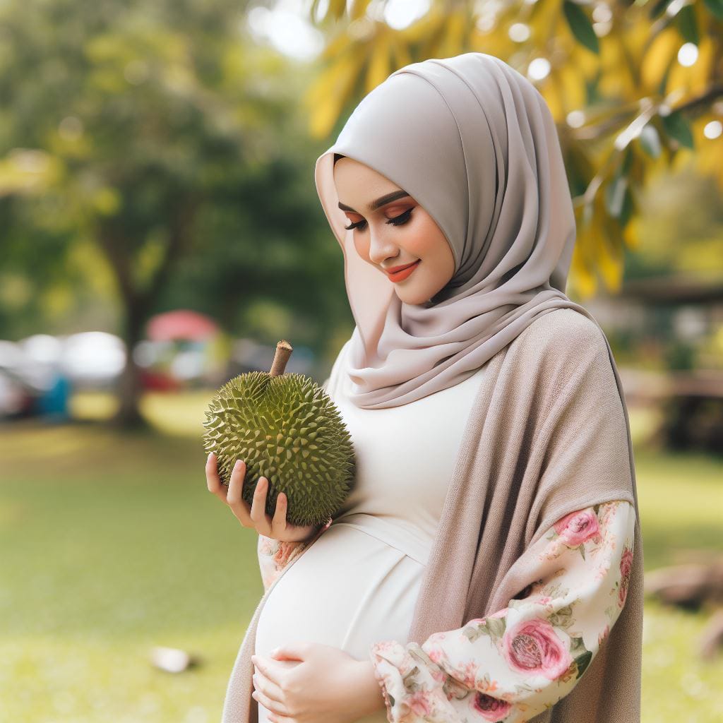 Gambar Ibu hamil yang sedang membawa durian.