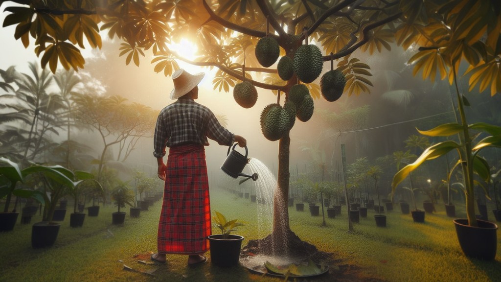 Ilustrasi gambar seseorang sedang merawat pohon durian