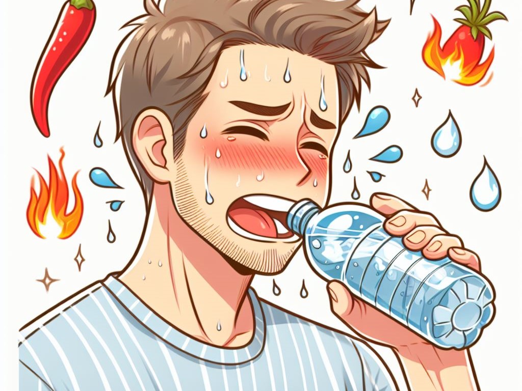 Ilustrasi Orang kepedasan dan minum air es. Hal ini sebenarnya sangat tidak dianjurkan.
