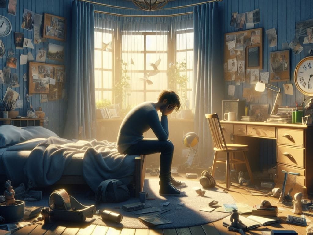 Ilustrasi seseorang yang merasa dirinya gagal dalam menjalani kehidupan dan merenungkan diri di kamar tidur