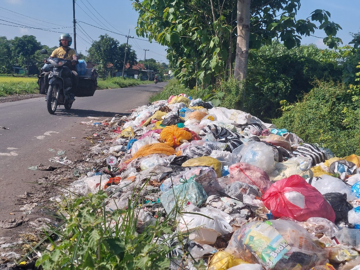 Tumpukan sampah di pinggir jalan kabupaten Jombang dibiarkan menumpuk dan berbau busuk