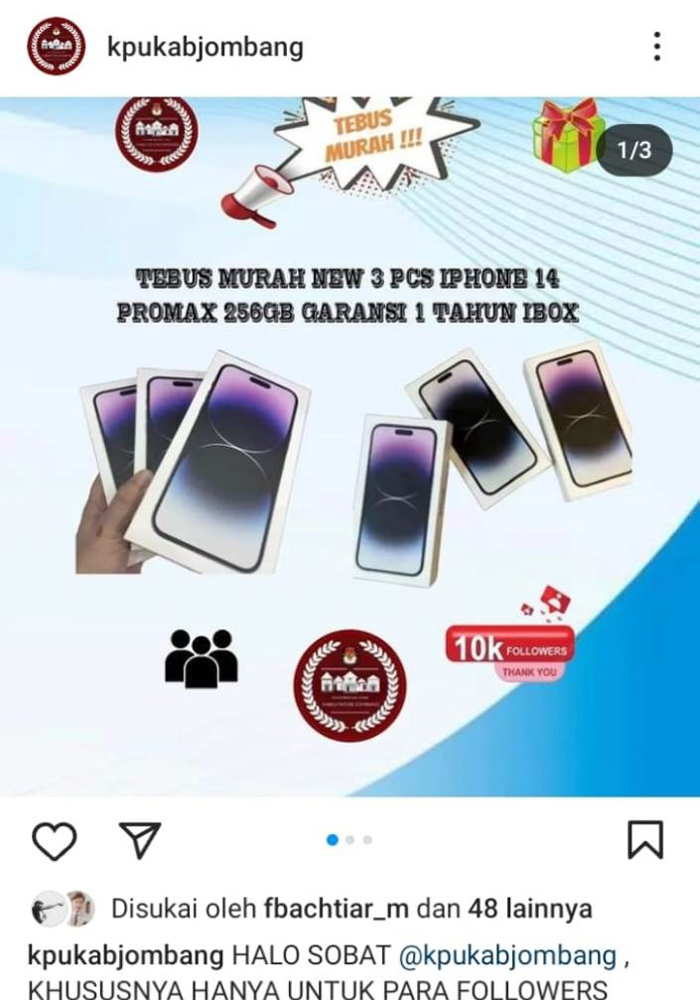 DIRETAS: Tangkapan layar akun IG KPU Jombang diretas, Senin (29/1).