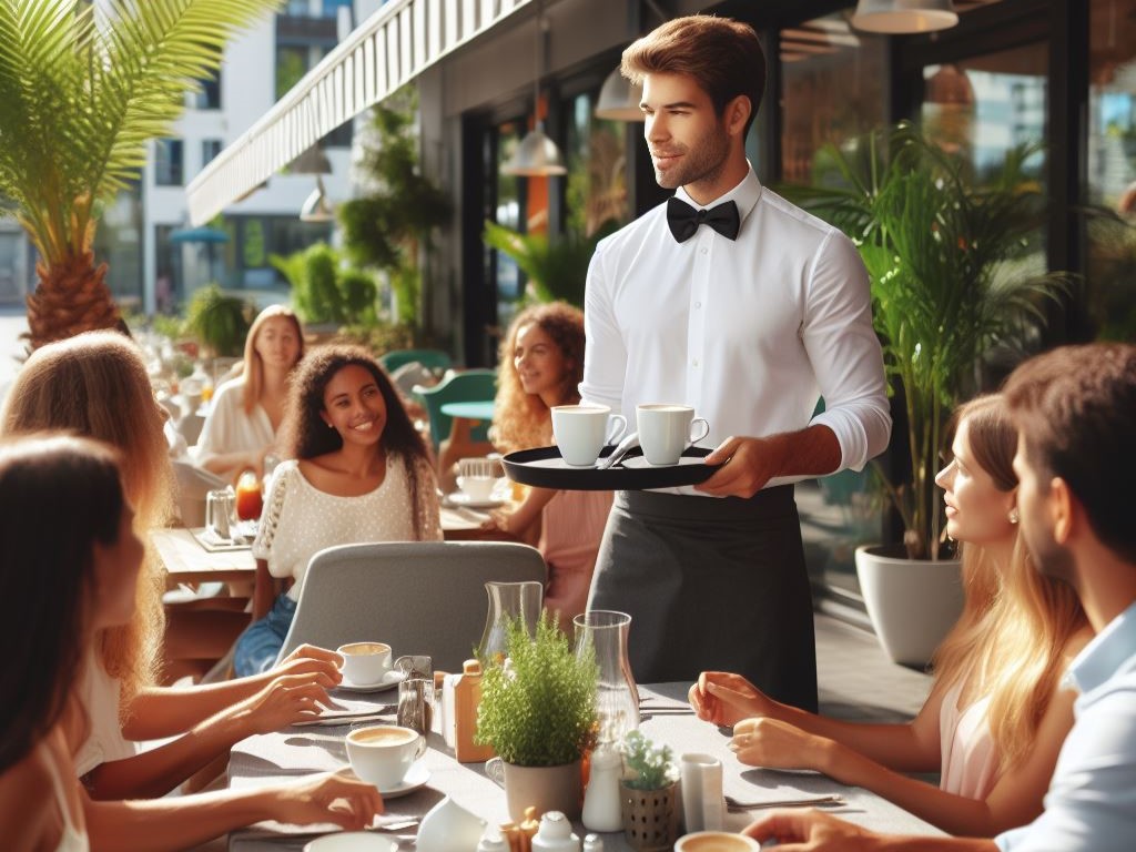 Ilustrasi suasana coffee shop yang sedang ramai pengunjung dan ada seorang waiters yang sedang melayani.