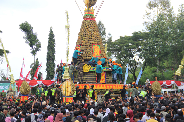 Ribuan warga saat menanti pembagian durian dari tumpeng raksasa di event Kenduren Wonosalam 2024