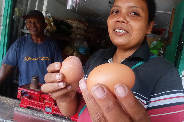 Salah seorang pedagang telur Pasar Legi Jombang memperlihatkan telur yang harganya makin meroket di Jombang