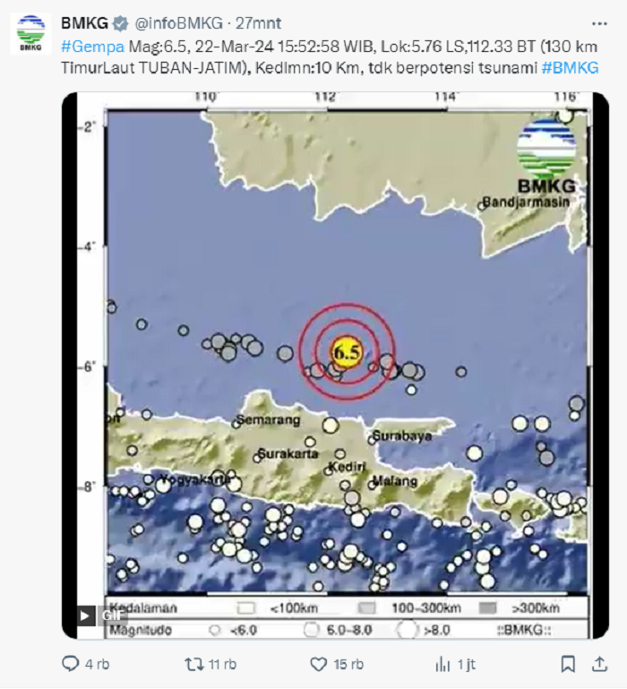 Tangkapan layar pengumuman gempa di laut jawa yang dirasakan sampai Jombang
