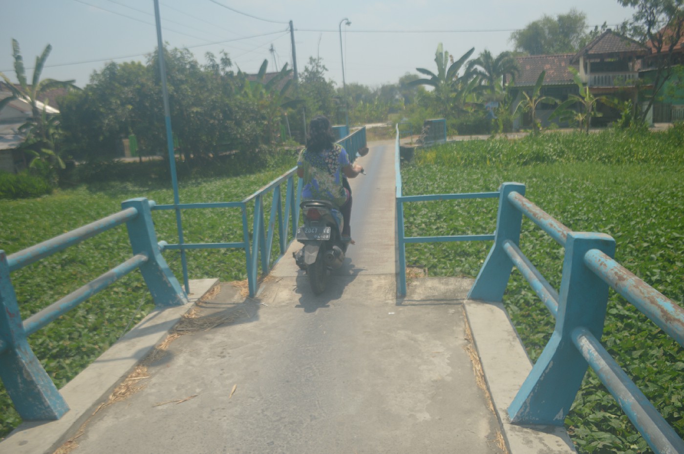 Salah satu warga melintas di jembatan Desa Kudubanjar, Kecamatan Kudu Jombang untuk menyeberangi Kali Marmoyo.