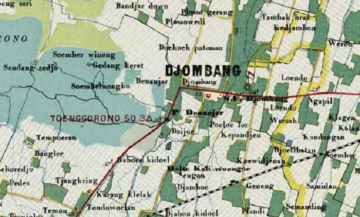 Ilustrasi peta kolonial wilayah Regentschaap Jombang di tahun 1884