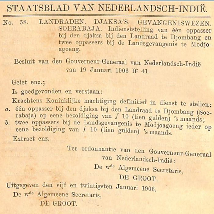 Staatsblad van Nederlandsch-Indie Nomor 58 tentang Penggunaan satu orang penjaga pada Jaksa di Landraad Djombang dan dua orang penjaga di Landsvangen Mojoagoeng
