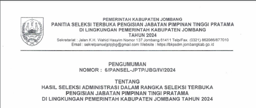 Ilustrasi berita pengumuman pansel hasil selter JPTP di Pemkab Jombang