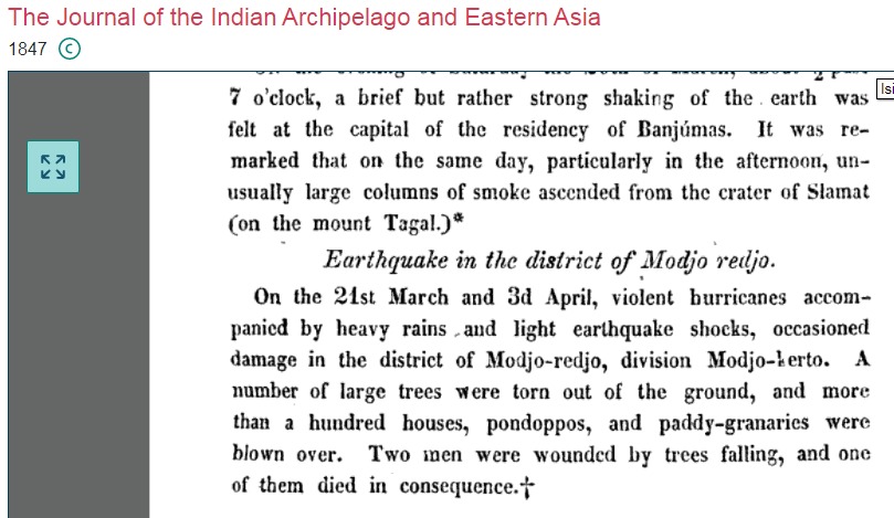berita lama berbahasa belanda yang menyebutkan terjadinya gempa di Jombang tahun 1847